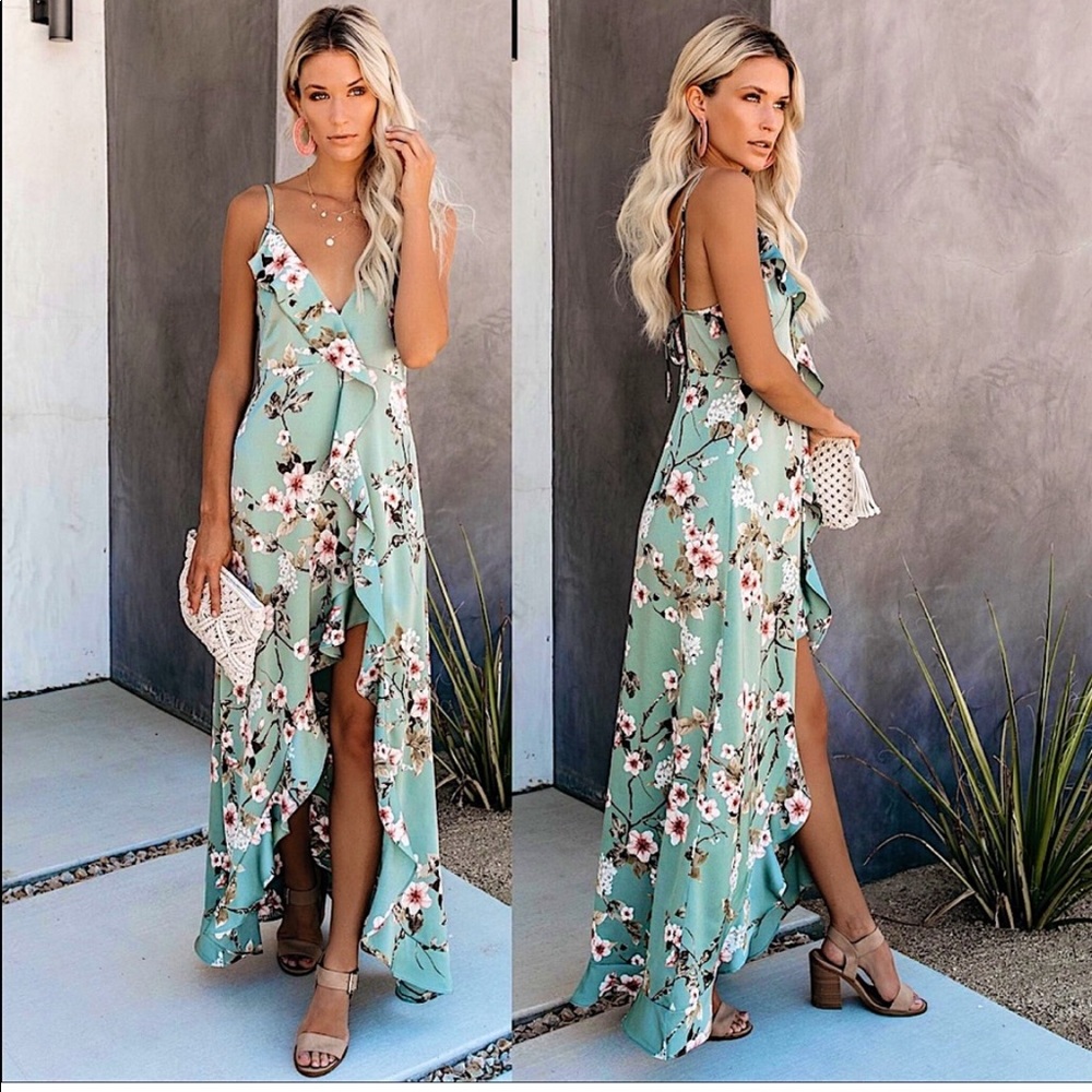 Vici Cleansing Sage Satin Floral Ruffle Maxi Dress